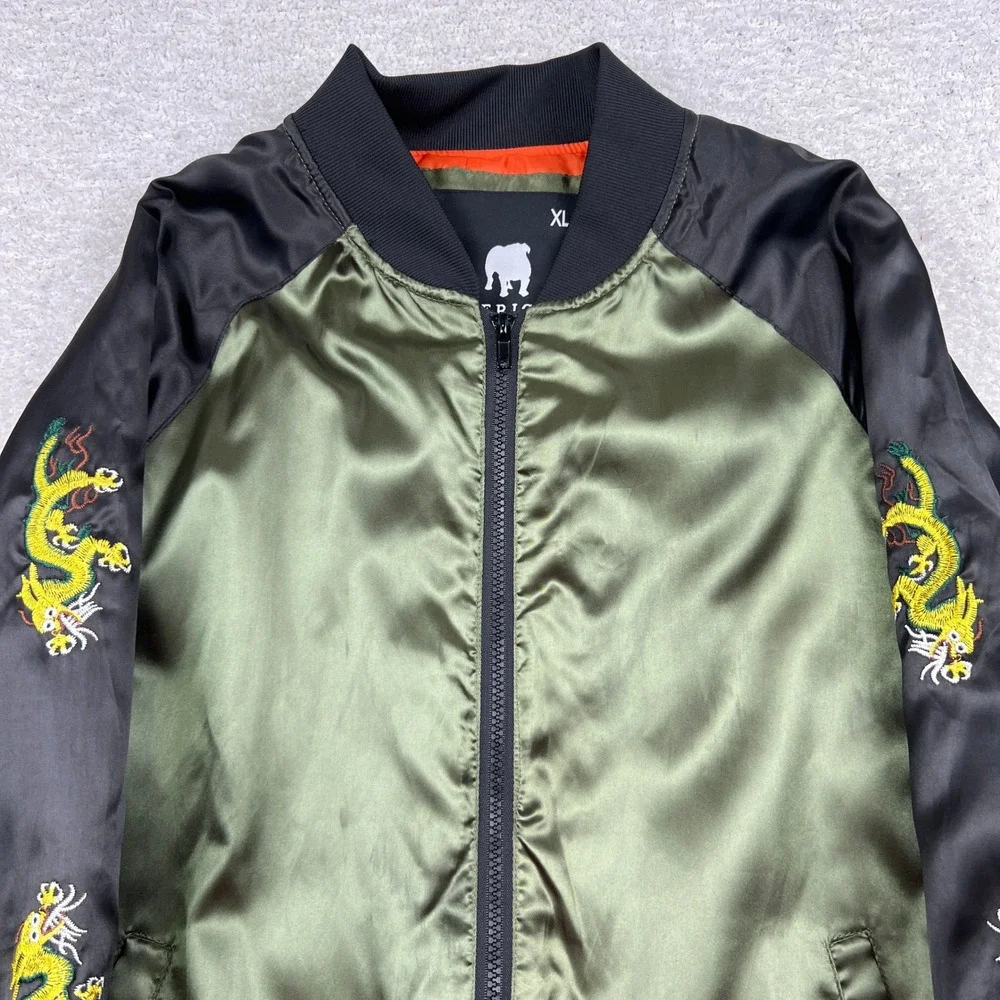 American Stitch Mens XL Bomber Jacket Olive Green Black Dragon Embroidered Satin